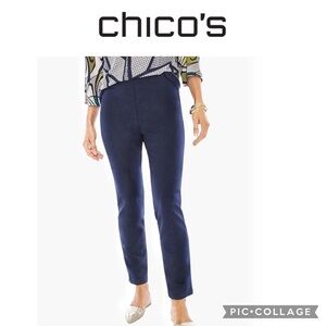 Chico’s pull on stretch flat front straight legs ankle navy blue pants size 6